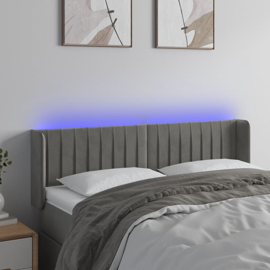 vidaXL Zagłówek do łóżka z LED, jasnoszary, 147x16x78/88 cm, aksamit