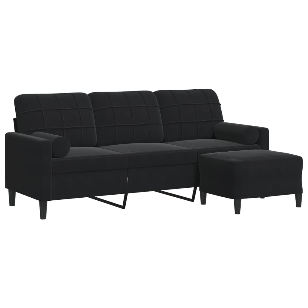 vidaXL 3-osobowa sofa z podnóżkiem, czarna, 180 cm, aksamit