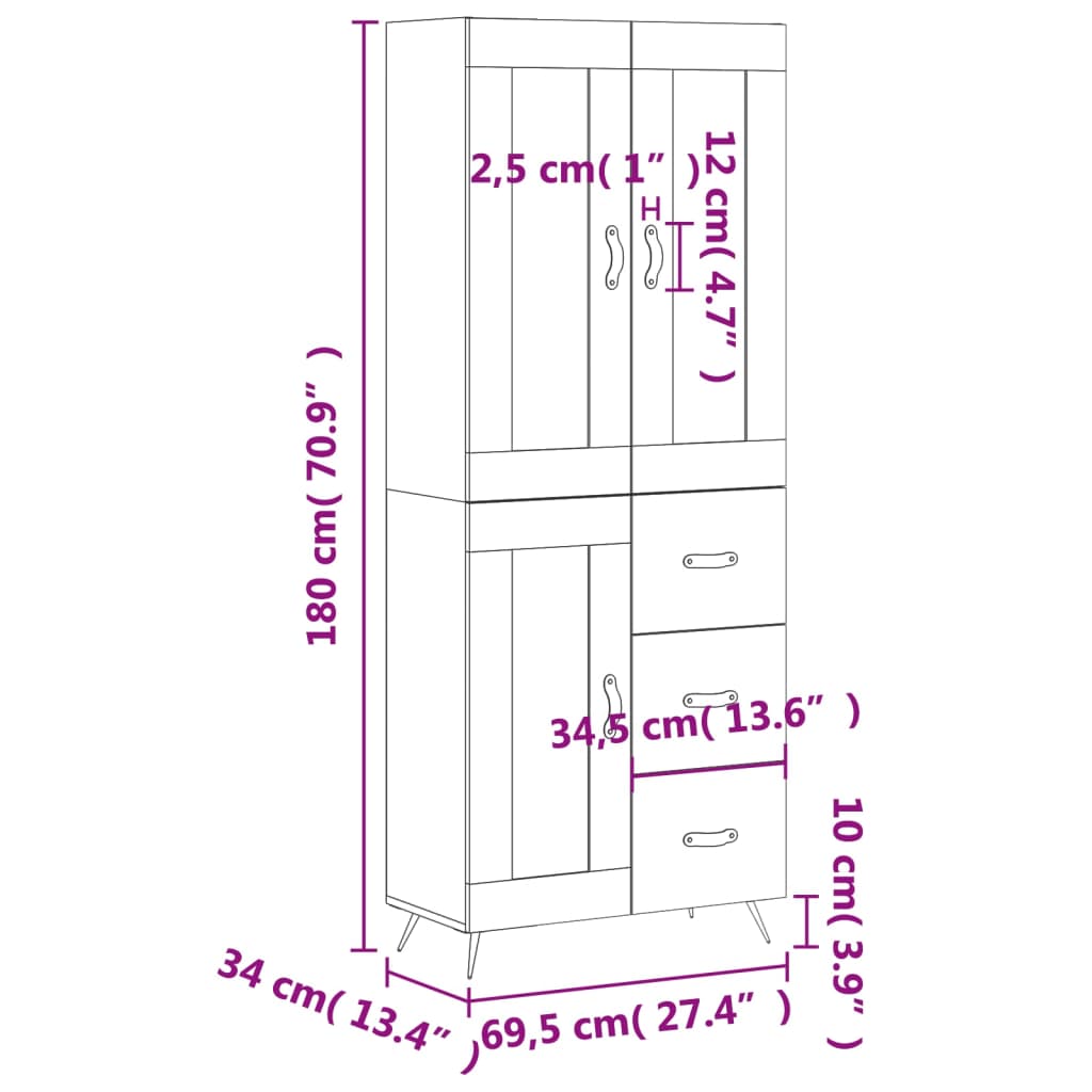 vidaXL Witrynka biała połysk 69,5x34x180 cm materiał drewnopochodny