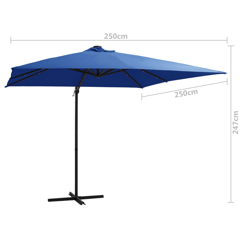 vidaXL Parasol wiszący z LED i stalowym słupkiem 250x250 cm, niebieski