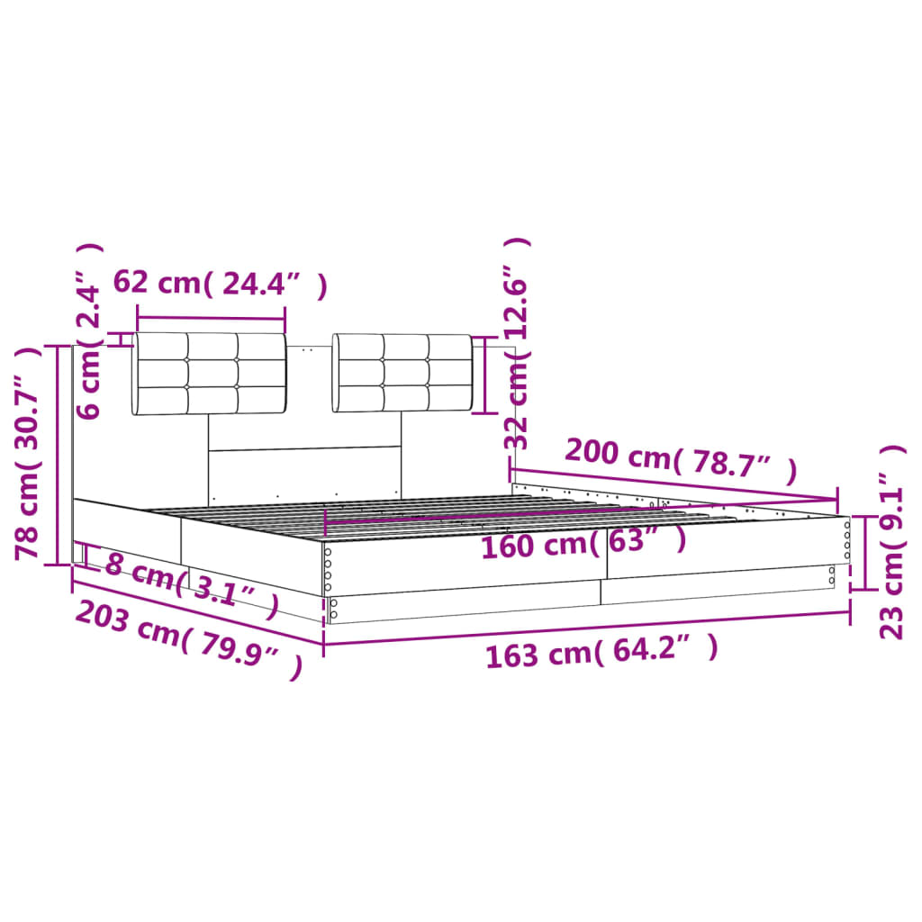 vidaXL Rama łóżka z wezgłowiem i LED, dąb sonoma, 160x200 cm