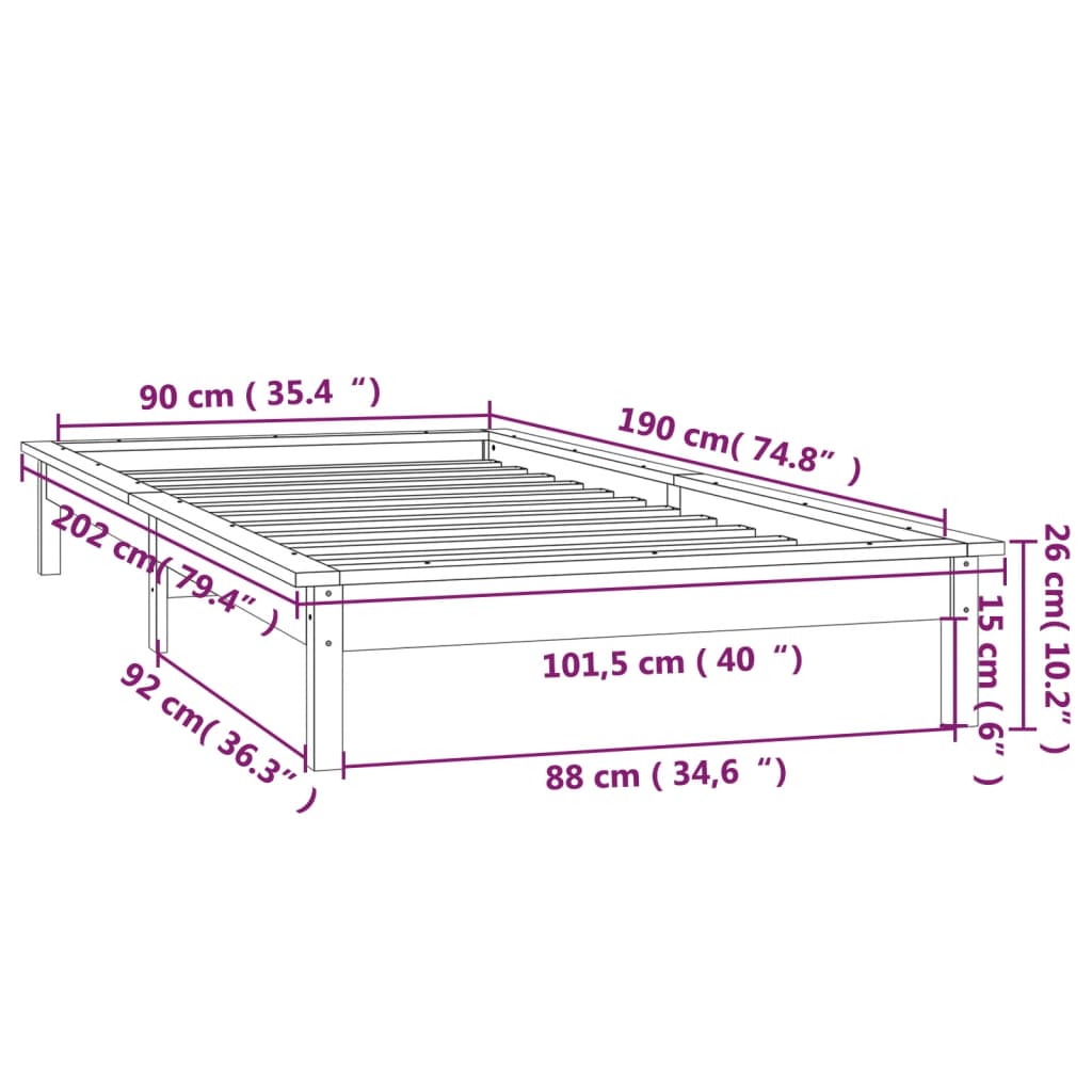 vidaXL Rama łóżka z LED, czarna, 90x190 cm, pojedyncza, lite drewno