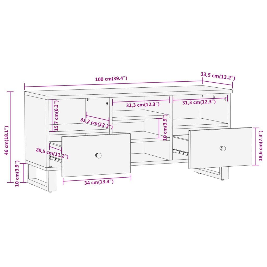 vidaXL Szafka pod TV, brązowo-czarna 100x33,5x46 cm, lite drewno mango