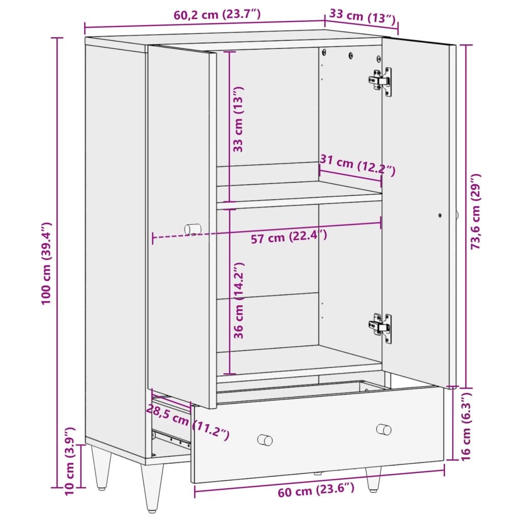 vidaXL Komoda, 60x33x100 cm, lite drewno mango