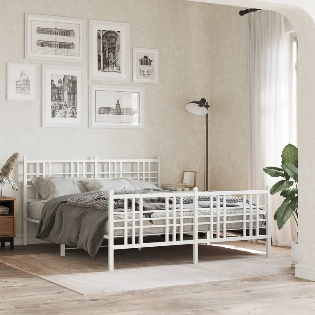 vidaXL Metalowa rama łóżka z wezgłowiem i zanóżkiem, biała, 150x200 cm