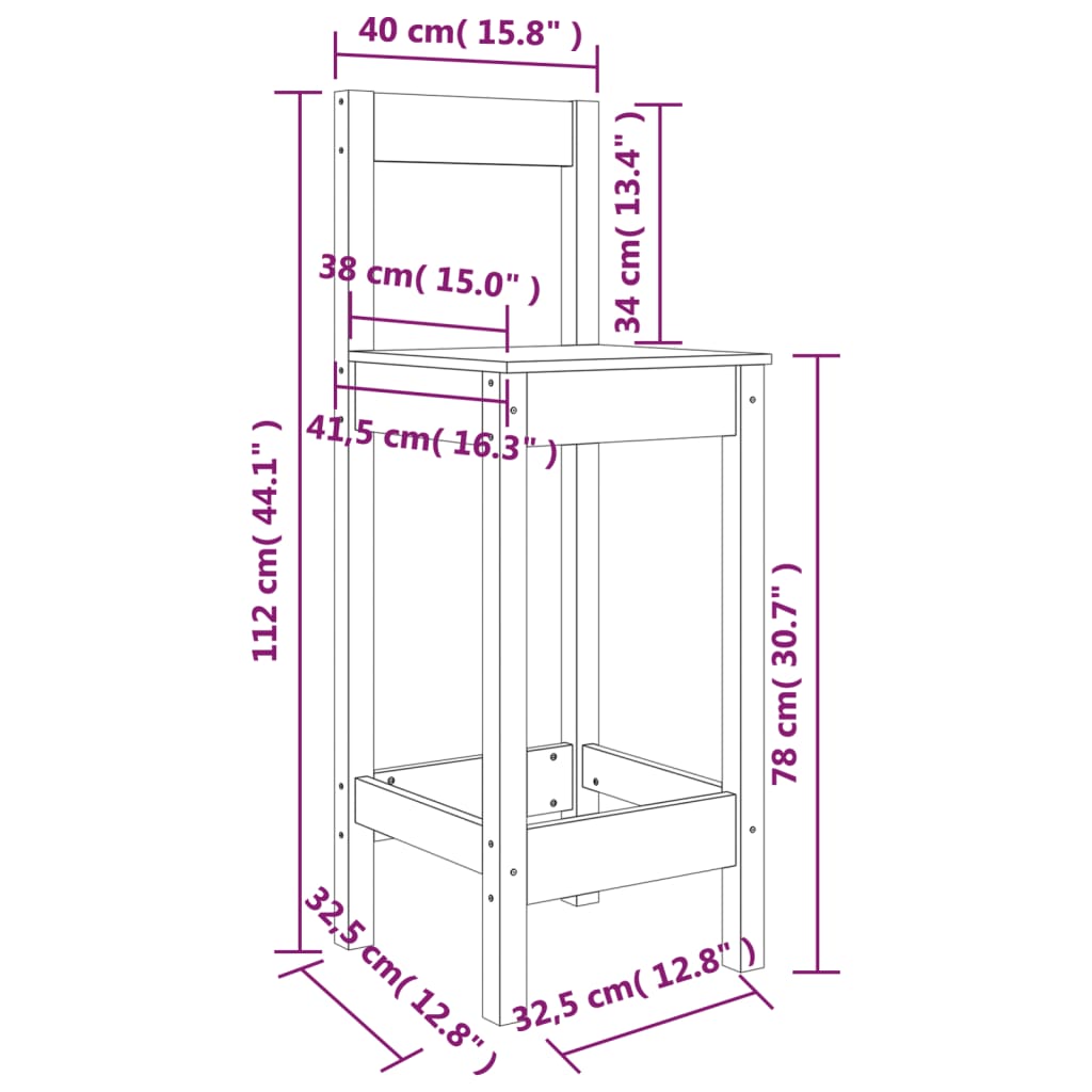 vidaXL Stołki barowe 2 szt., czarne, 40x41,5x112 cm, drewno sosnowe