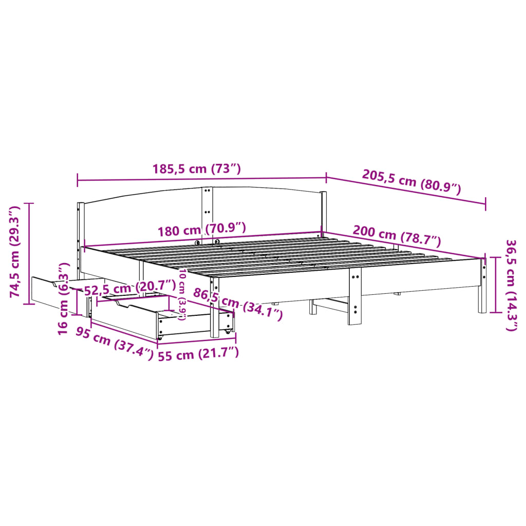 vidaXL Rama łóżka bez materaca, biała, 180x200 cm, lite drewno sosnowe