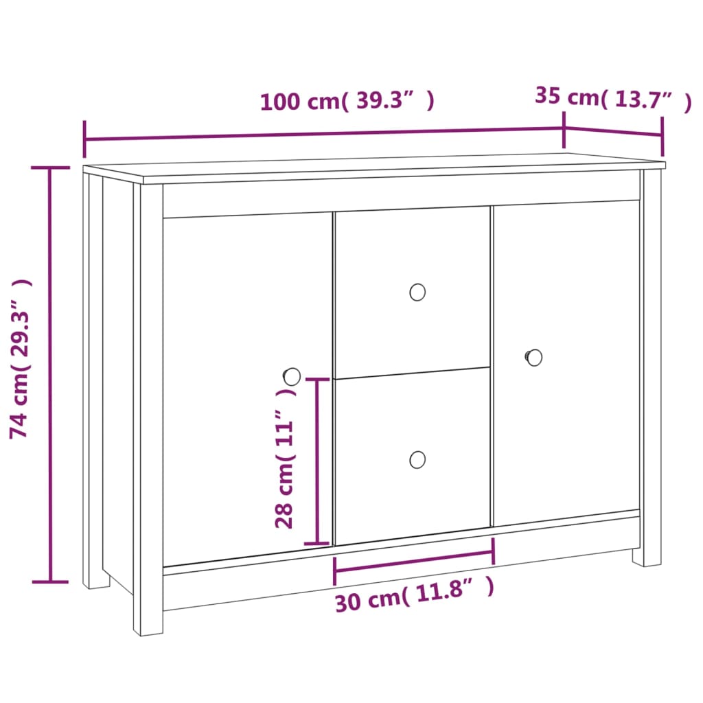 vidaXL Komoda, biała, 100x35x74 cm, lite drewno sosnowe