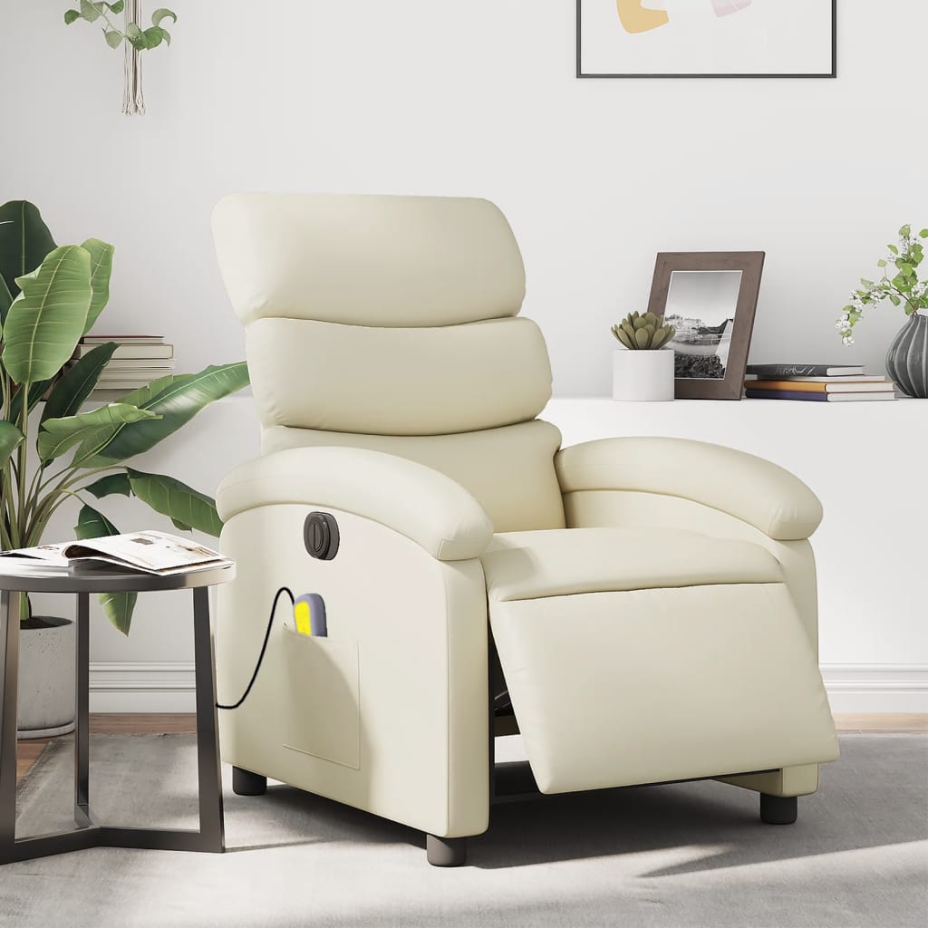 vidaXL Rozkładany fotel masujący, elektryczny, kremowy, sztuczna skóra