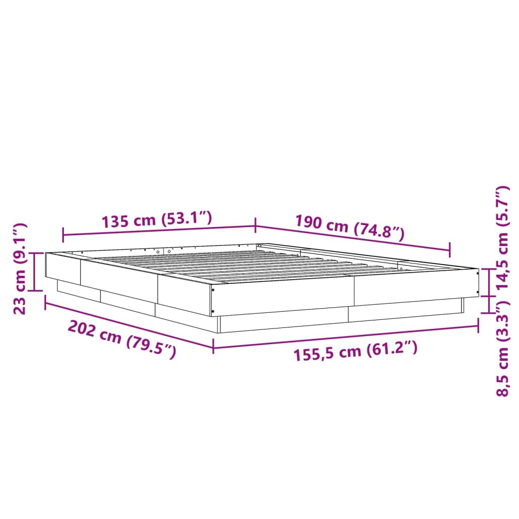 vidaXL Rama łóżka z LED, biała, 135x190 cm, materiał drewnopochodny