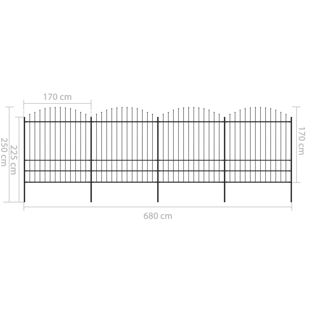 vidaXL Panele ogrodzeniowe z grotami, stal, (1,75-2) x 6,8 m, czarne