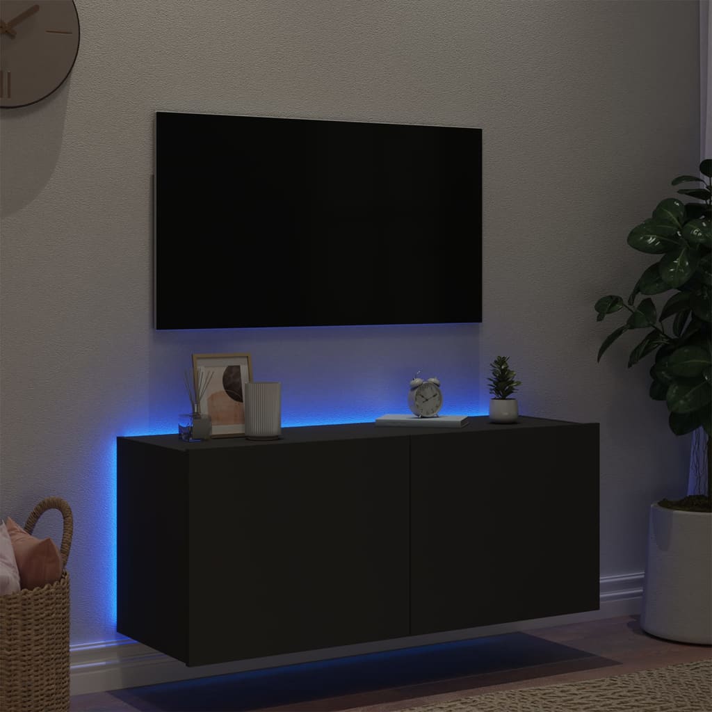 vidaXL Ścienna szafka TV z LED, czarna, 100x35x41 cm