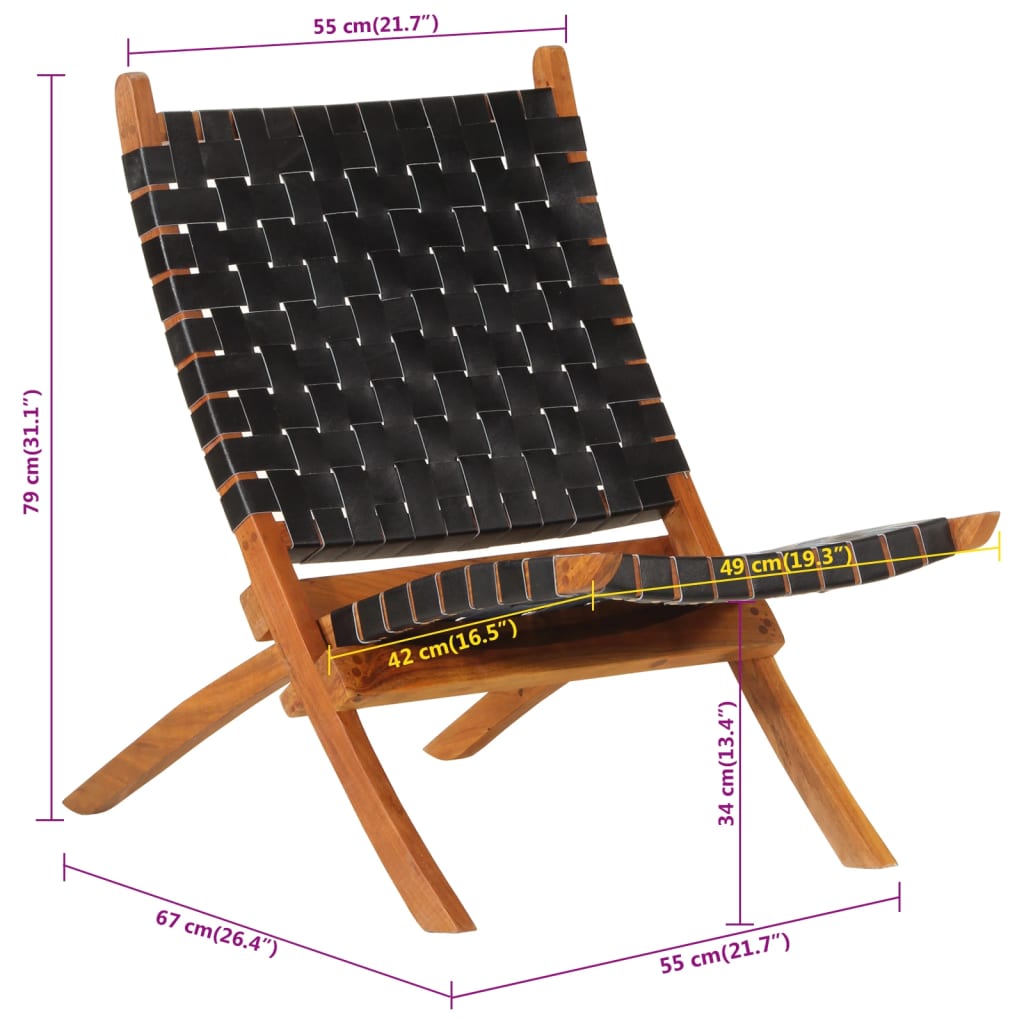 vidaXL Krzesło składane, czarne, skóra naturalna