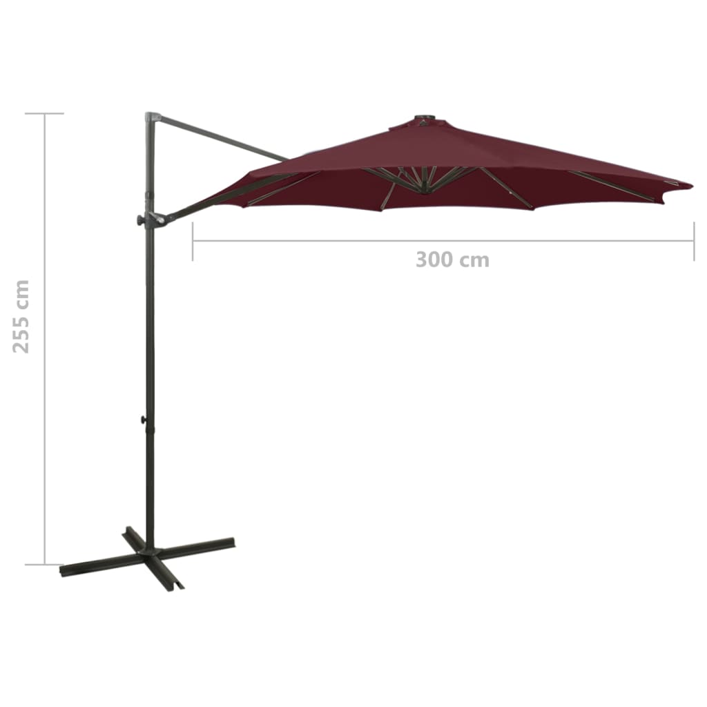 vidaXL Parasol wiszący z LED i słupkiem, bordowy, 300 cm