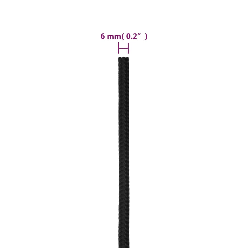 vidaXL Linka żeglarska, czarna jednolita, 6 mm, 50 m, polipropylen