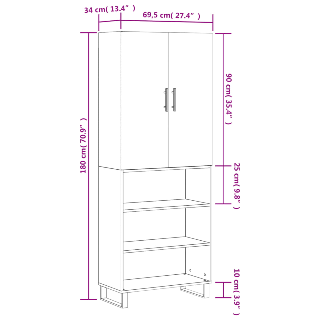 vidaXL Witrynka przydymiony dąb 69,5x34x180 cm materiał drewnopochodny