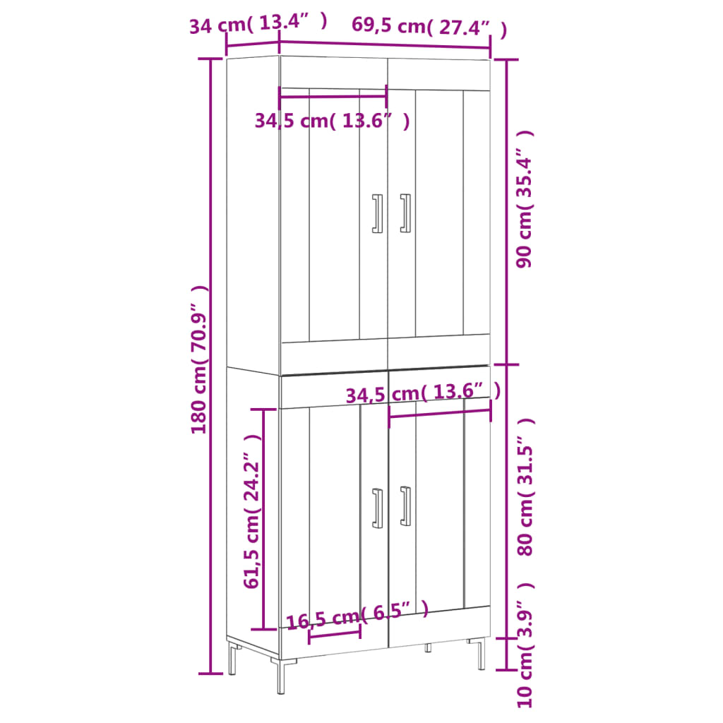 vidaXL Witrynka, szarość betonu 69,5x34x180 cm materiał drewnopochodny