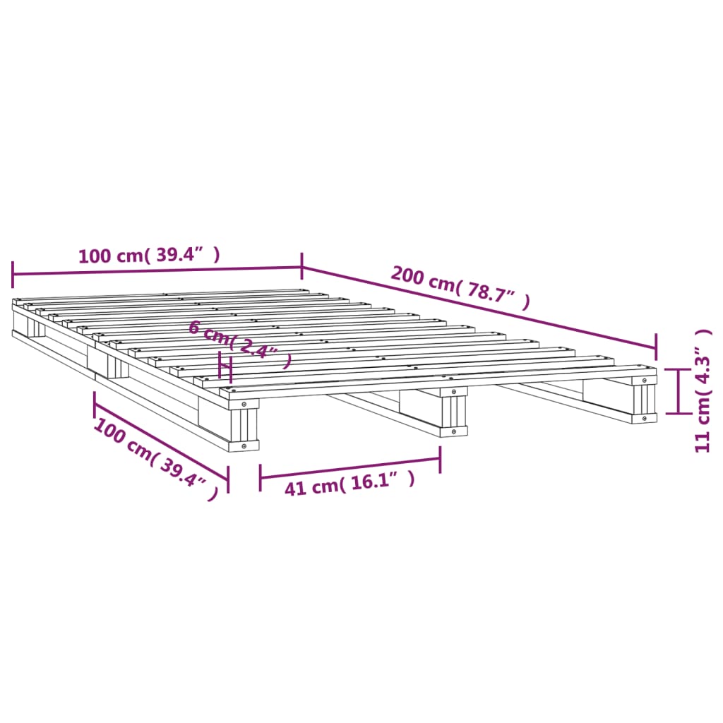 vidaXL Łóżko z palet, szare, 100x200 cm, lite drewno sosnowe