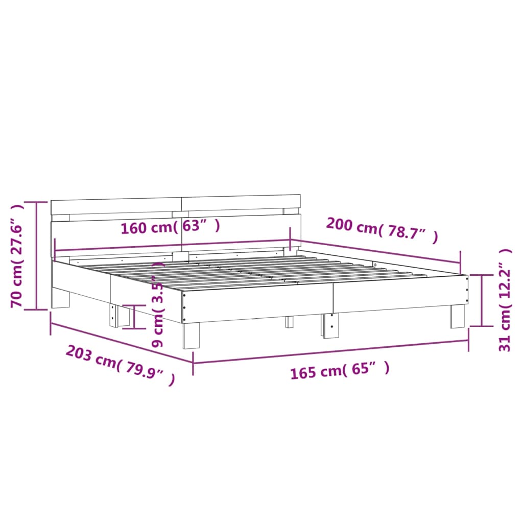 vidaXL Rama łóżka z wezgłowiem i LED, dąb sonoma, 160x200 cm