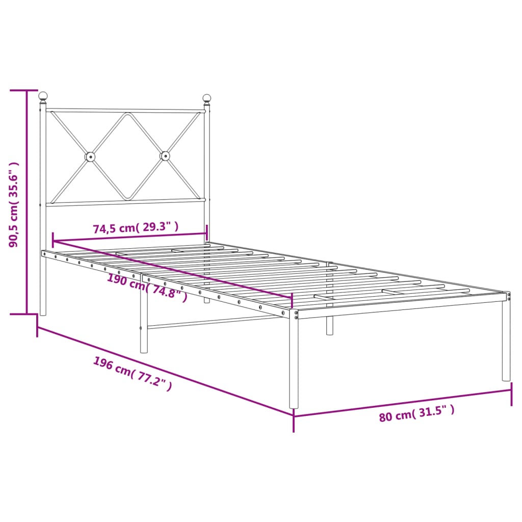 vidaXL Metalowe łóżko z wezgłowiem, bez materaca, białe, 75x190 cm