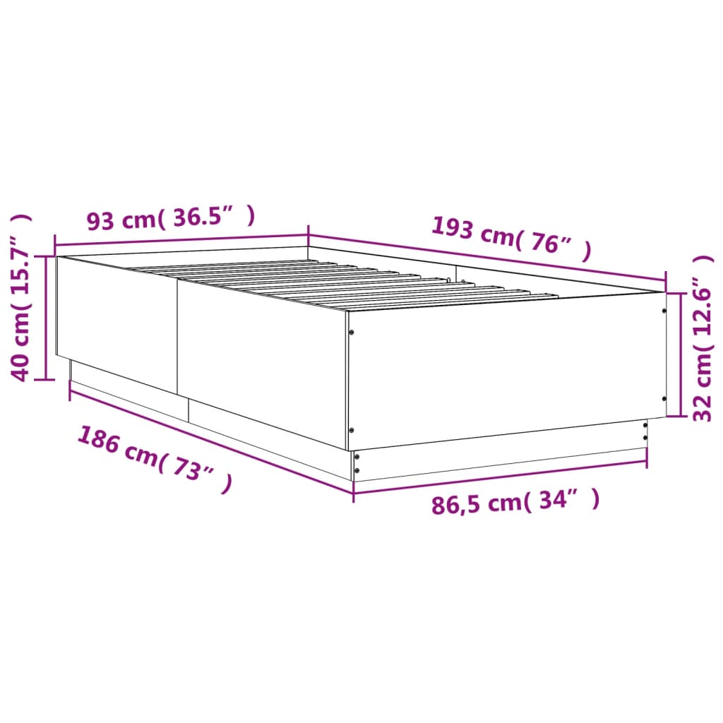 vidaXL Rama łóżka z LED, dąb sonoma, 90x190cm, materiał drewnopochodny