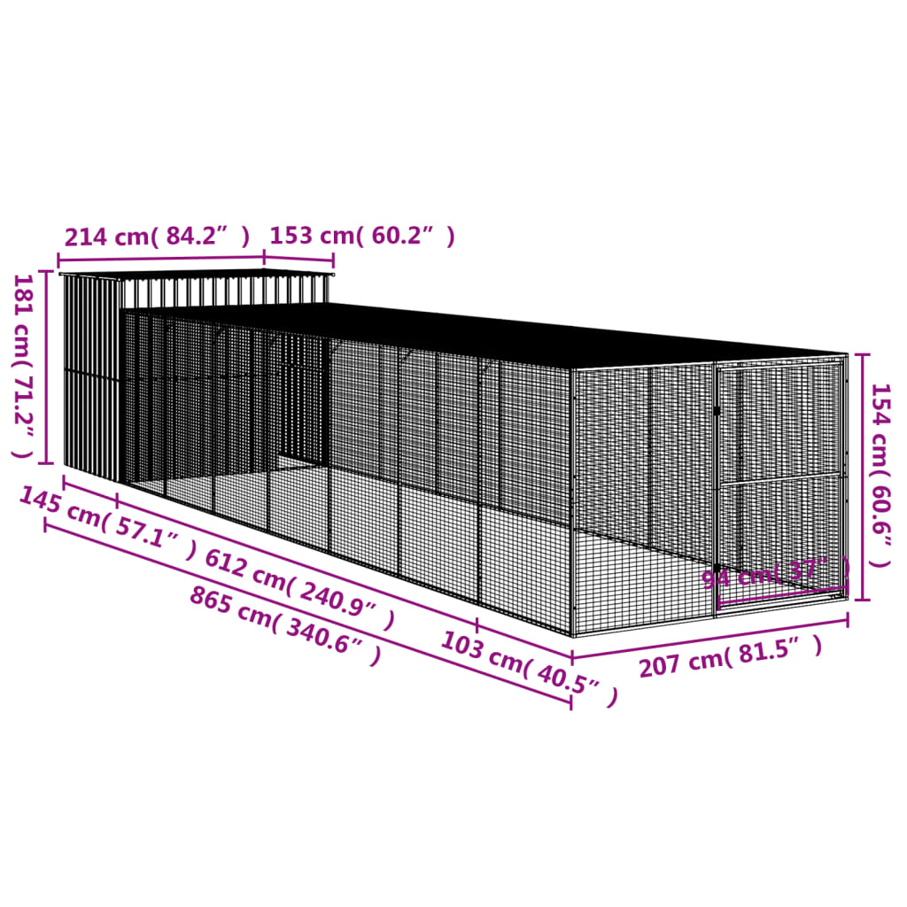 vidaXL Buda dla psa, z wybiegiem, jasnoszara, 214x865x181 cm, stal