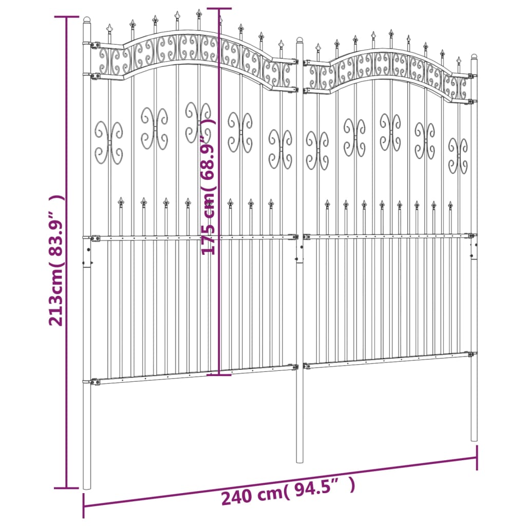 vidaXL Ogrodzenie z grotami, czarne, 222 cm, malowana proszkowo stal