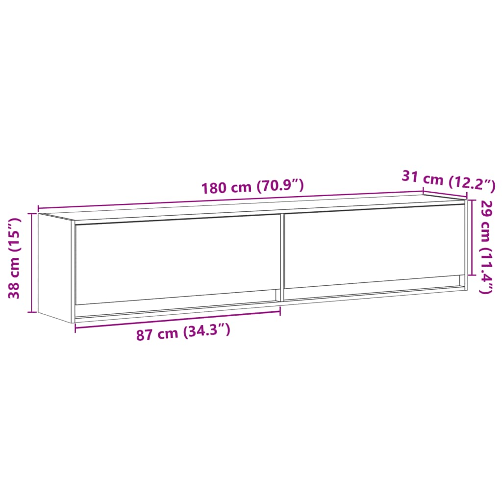 vidaXL Ścienna szafka pod TV, z LED, brązowy dąb, 180x31x38 cm