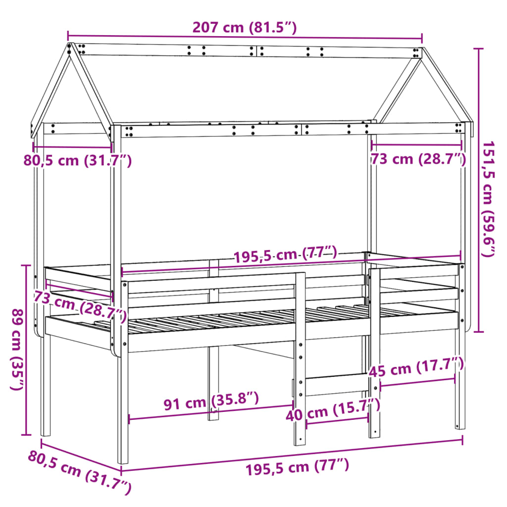 vidaXL Wysokie łóżko z dachem, białe, 75x190 cm, lite drewno sosnowe