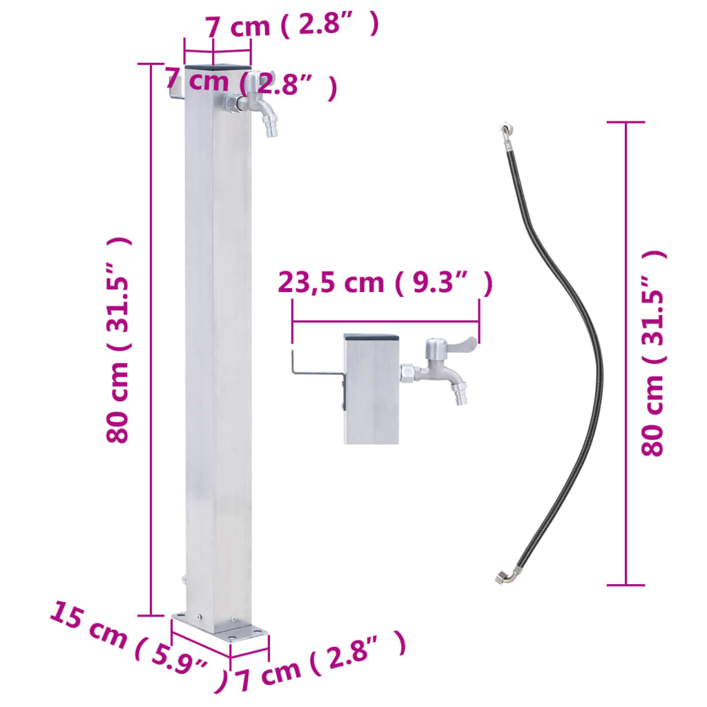 vidaXL Kran ogrodowy na kwadratowym słupku, 80 cm, stal nierdzewna