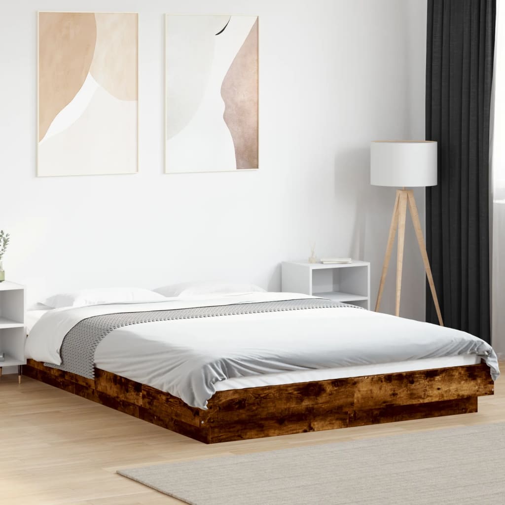vidaXL Rama łóżka, przydymiony dąb, 135x190cm, materiał drewnopochodny