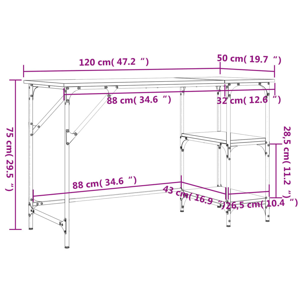 vidaXL Biurko brązowy dąb 120x50x75 cm metal i materiał drewnopochodny