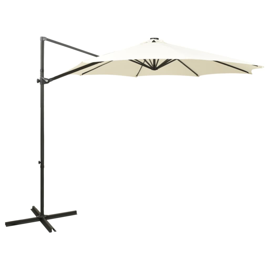 vidaXL Parasol wiszący z lampkami LED i słupkiem, 300 cm, piaskowy