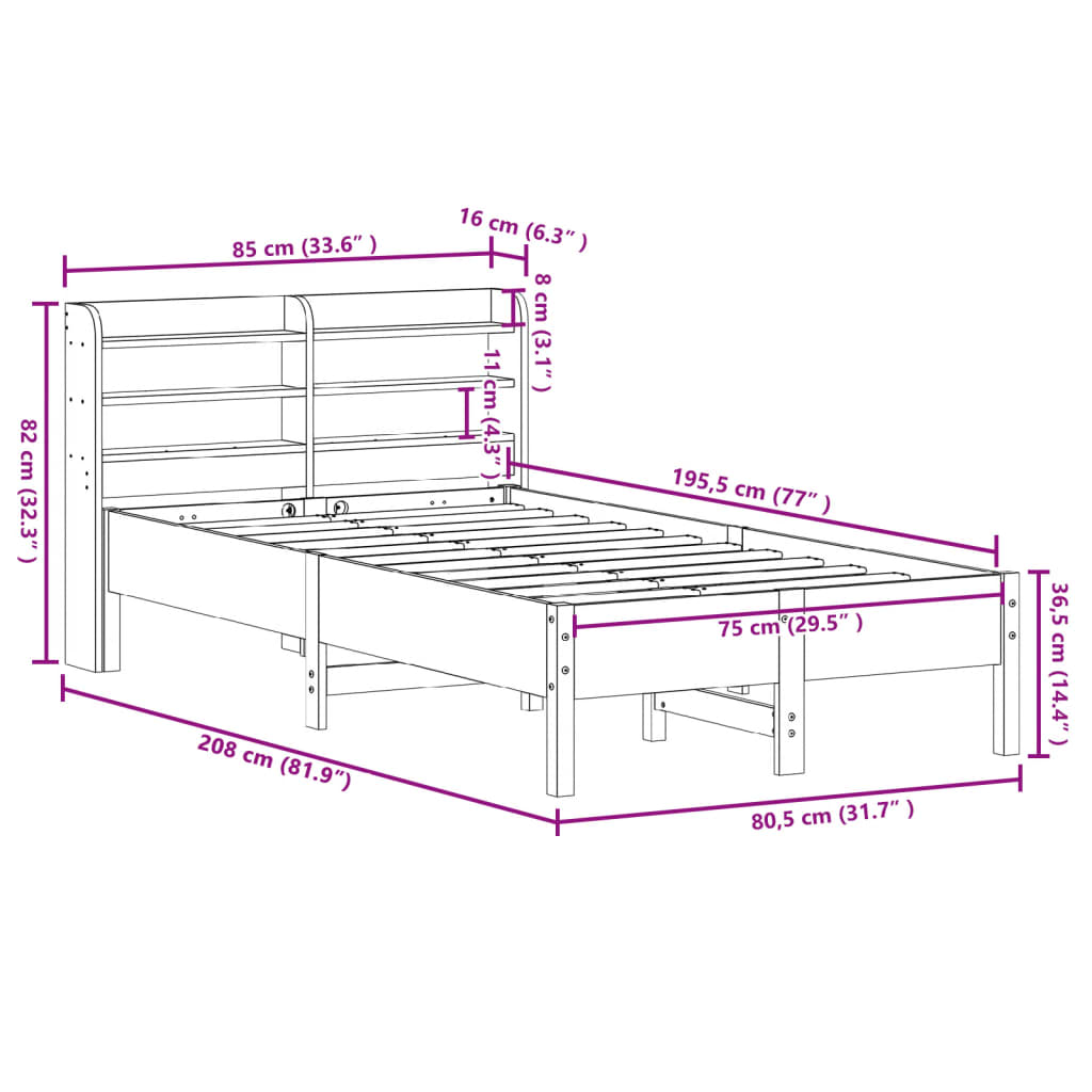 vidaXL Rama łóżka bez materaca, biała, 75x190 cm, lite drewno sosnowe