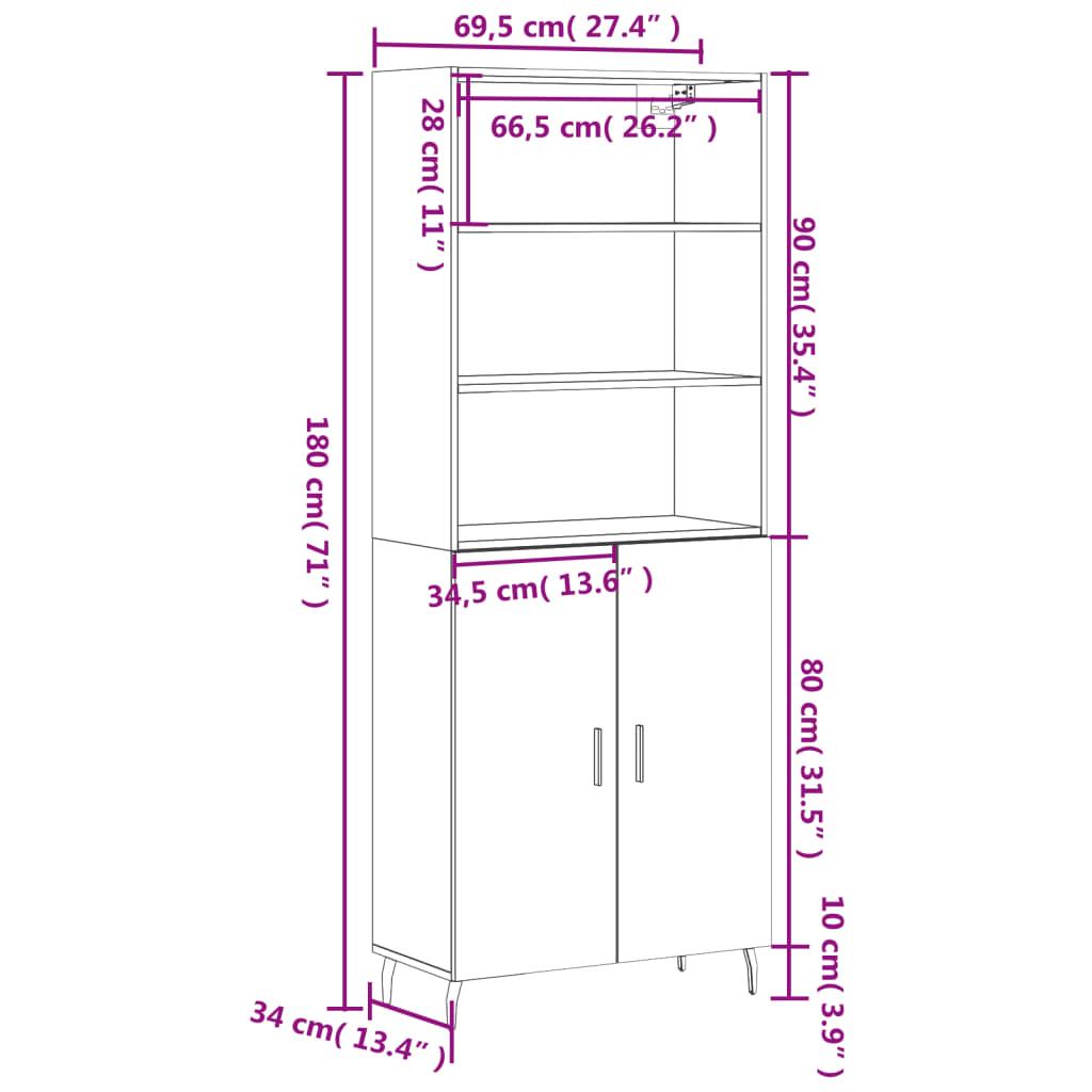 vidaXL Witrynka, szarość betonu 69,5x34x180 cm materiał drewnopochodny