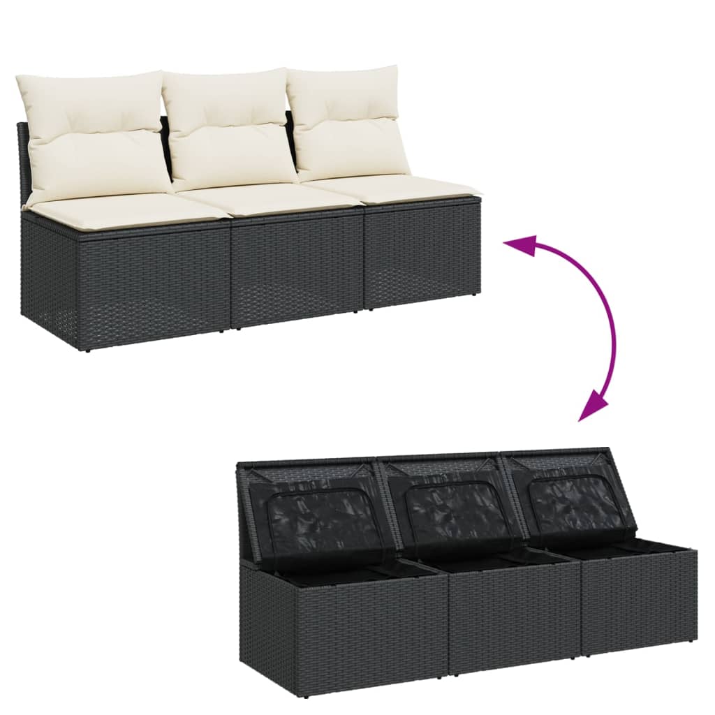 vidaXL Sofa ogrodowa z poduszkami, 3-osobowa, czarna, polirattan