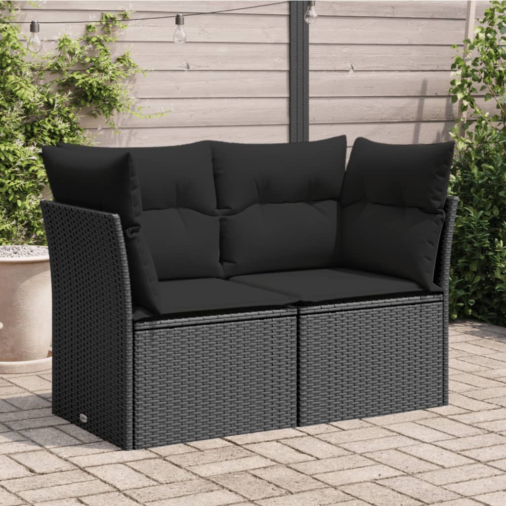 vidaXL Sofa ogrodowa z poduszkami, 2-osobowa, czarna, polirattan