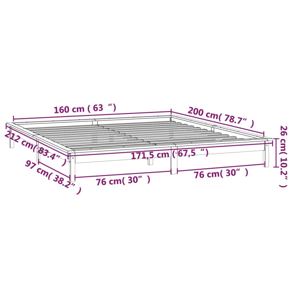 vidaXL Rama łóżka z LED, szara, 160x200 cm, lite drewno