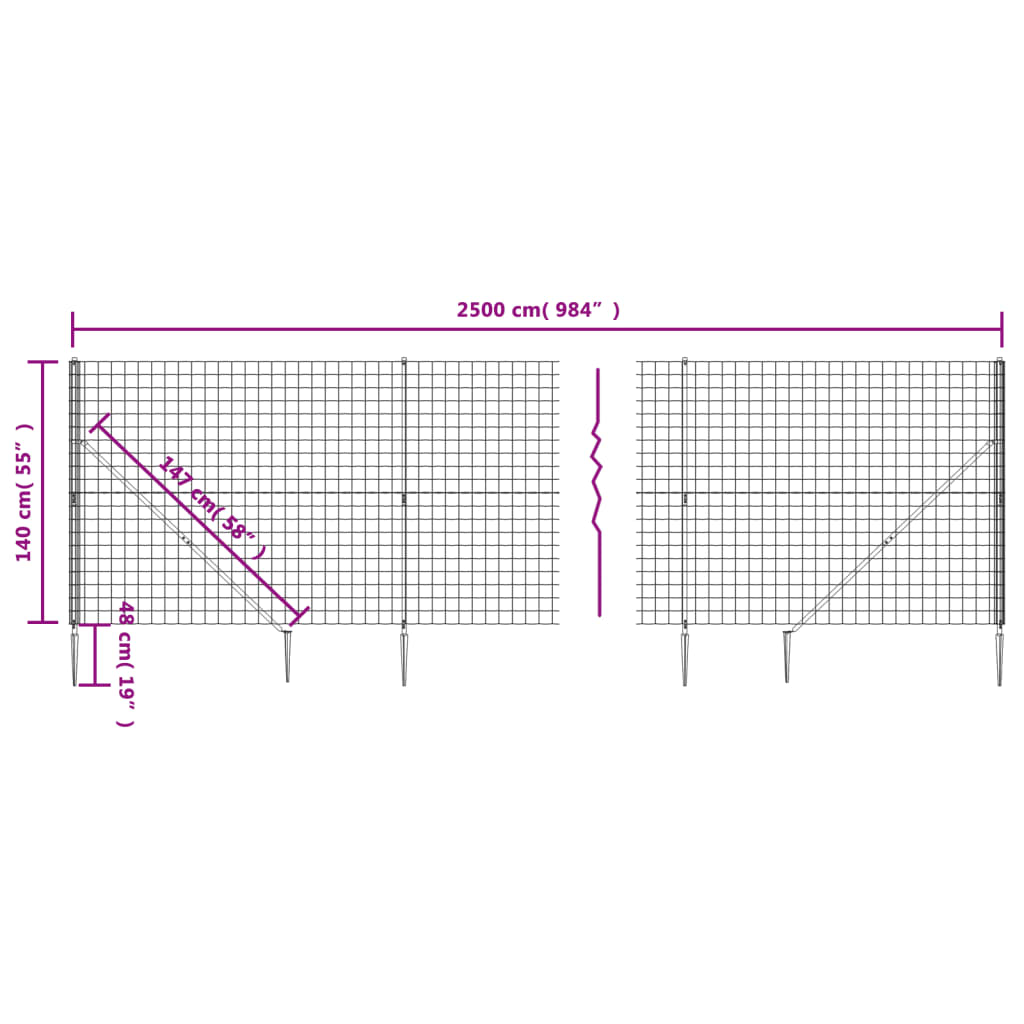 vidaXL Ogrodzenie z siatki, z kotwami, zielone, 1,4x25 m