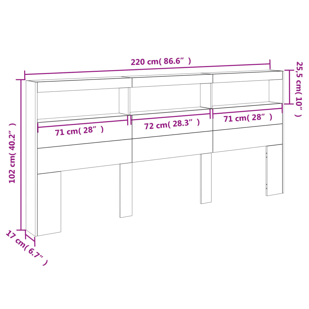 vidaXL Zagłówek z półkami i LED, szarość betonu, 220x17x102 cm