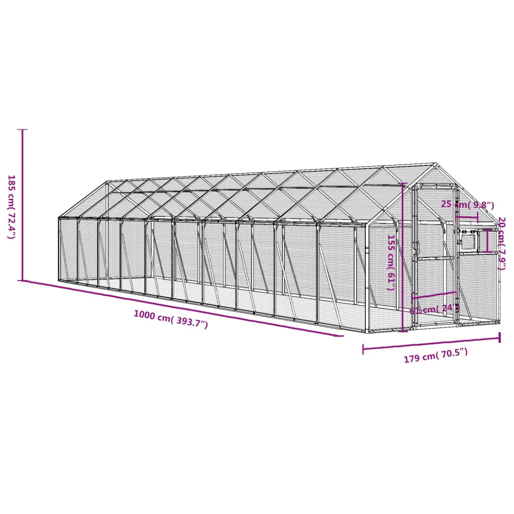 vidaXL Woliera, srebrna, 1,79x10x1,85 m, aluminium