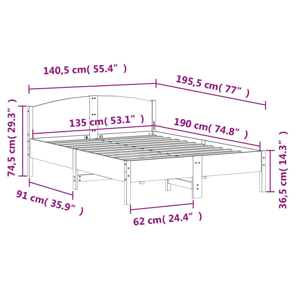 vidaXL Rama łóżka bez materaca, biała, 135x190 cm, lite drewno sosnowe