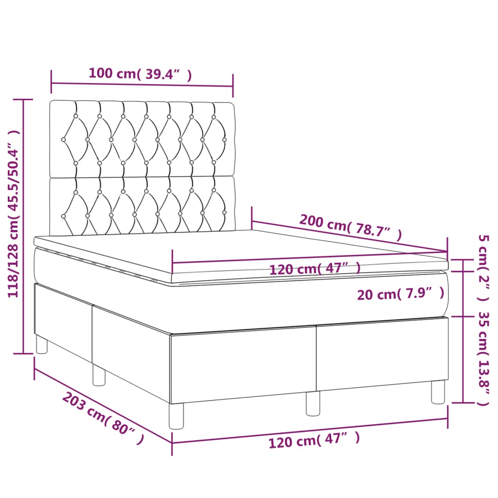 vidaXL Łóżko kontynentalne z materacem i LED, szare 120x200cm, aksamit