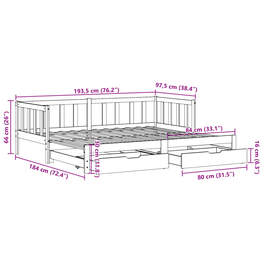 vidaXL Łóżko dzienne rozsuwane, szuflady, 90x190 cm, sosnowe