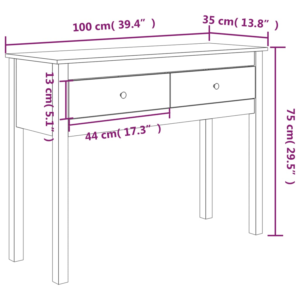 vidaXL Stolik konsolowy, biały, 100x35x75 cm, lite drewno sosnowe