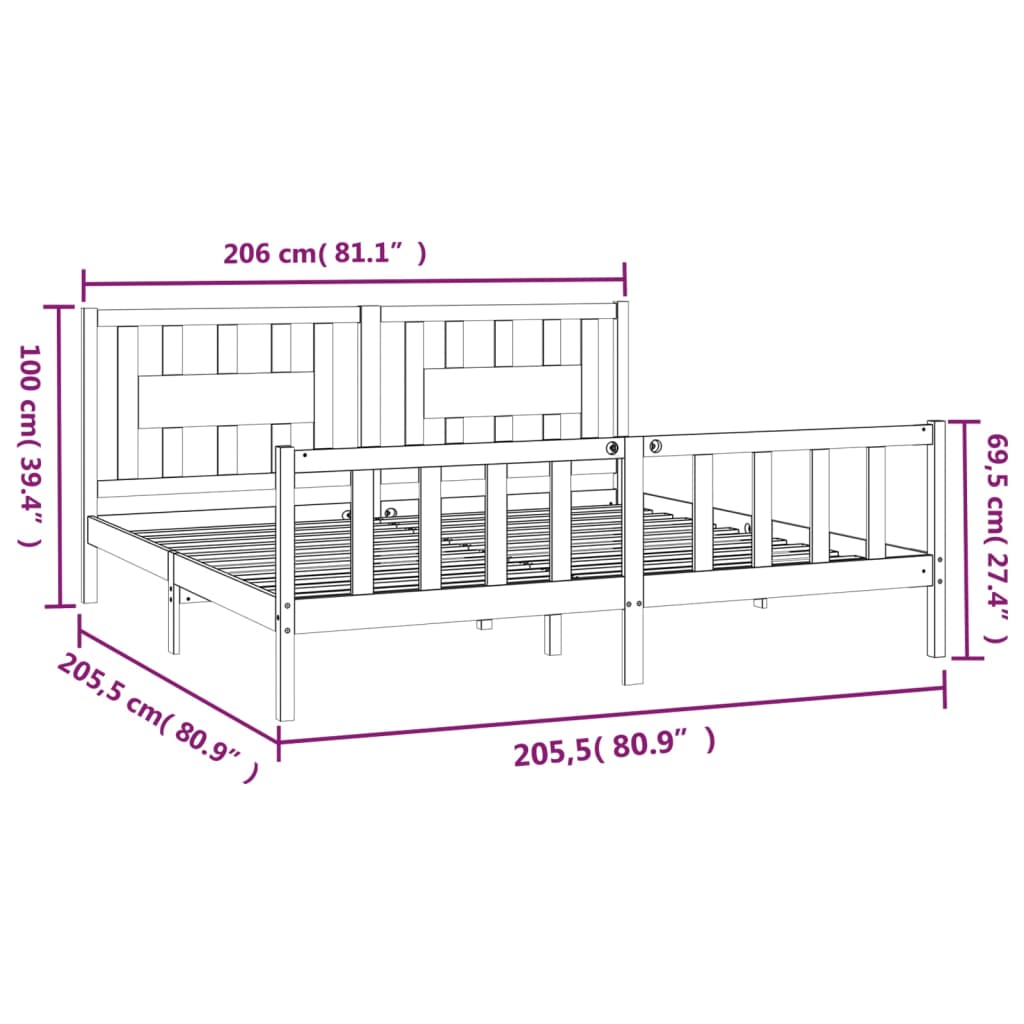 vidaXL Rama łóżka z wezgłowiem, szara, lite drewno sosnowe, 200x200 cm