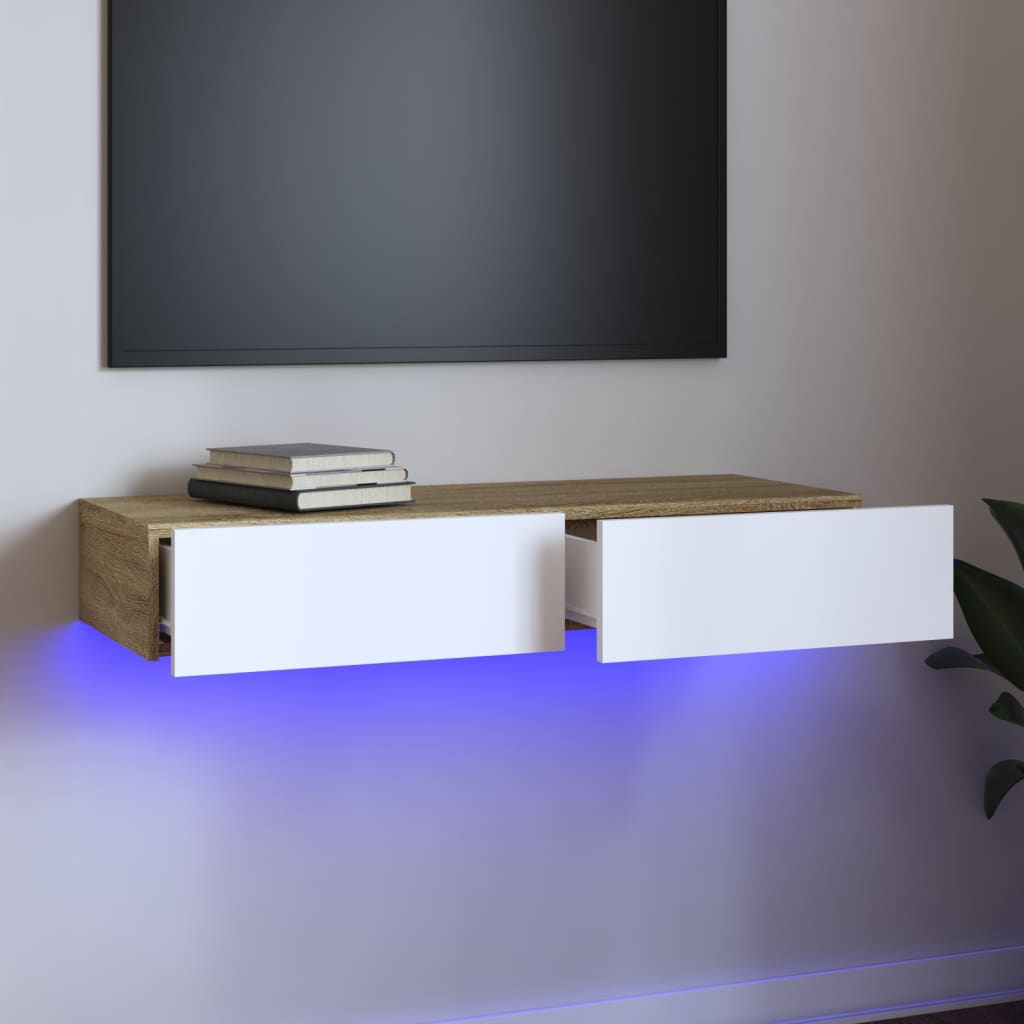 vidaXL Szafka pod TV z LED, biel i dąb sonoma, 90x35x15,5 cm