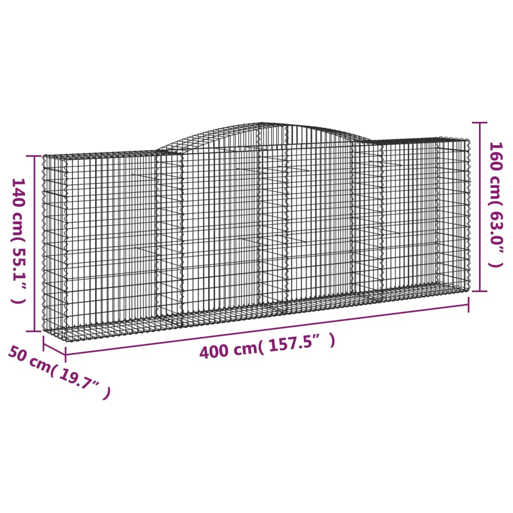 vidaXL Kosze gabionowe, 7 szt, 400x50x140/160 cm, galwanizowane żelazo