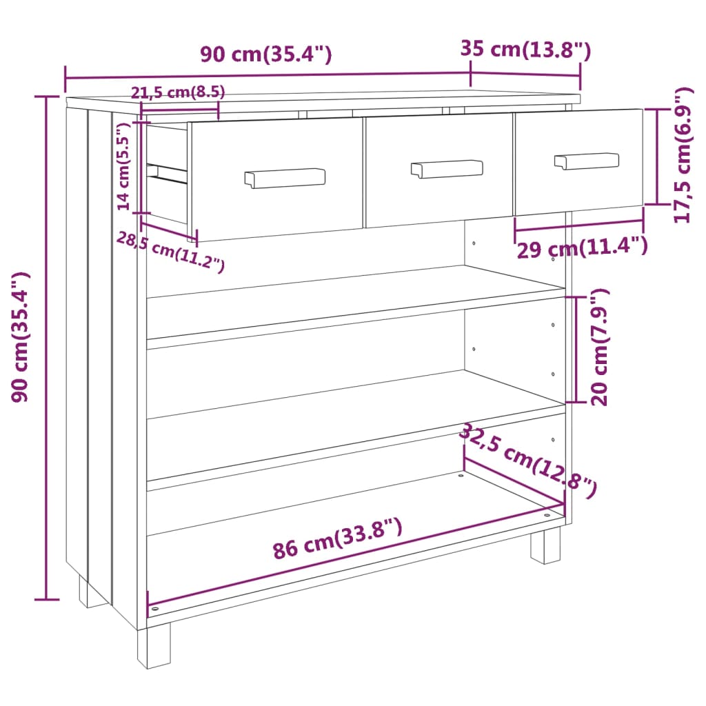 vidaXL Stolik konsolowy HAMAR, jasnoszary, 90x35x90 cm, drewno sosnowe