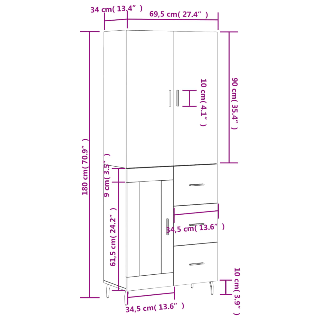 vidaXL Witrynka przydymiony dąb 69,5x34x180 cm materiał drewnopochodny